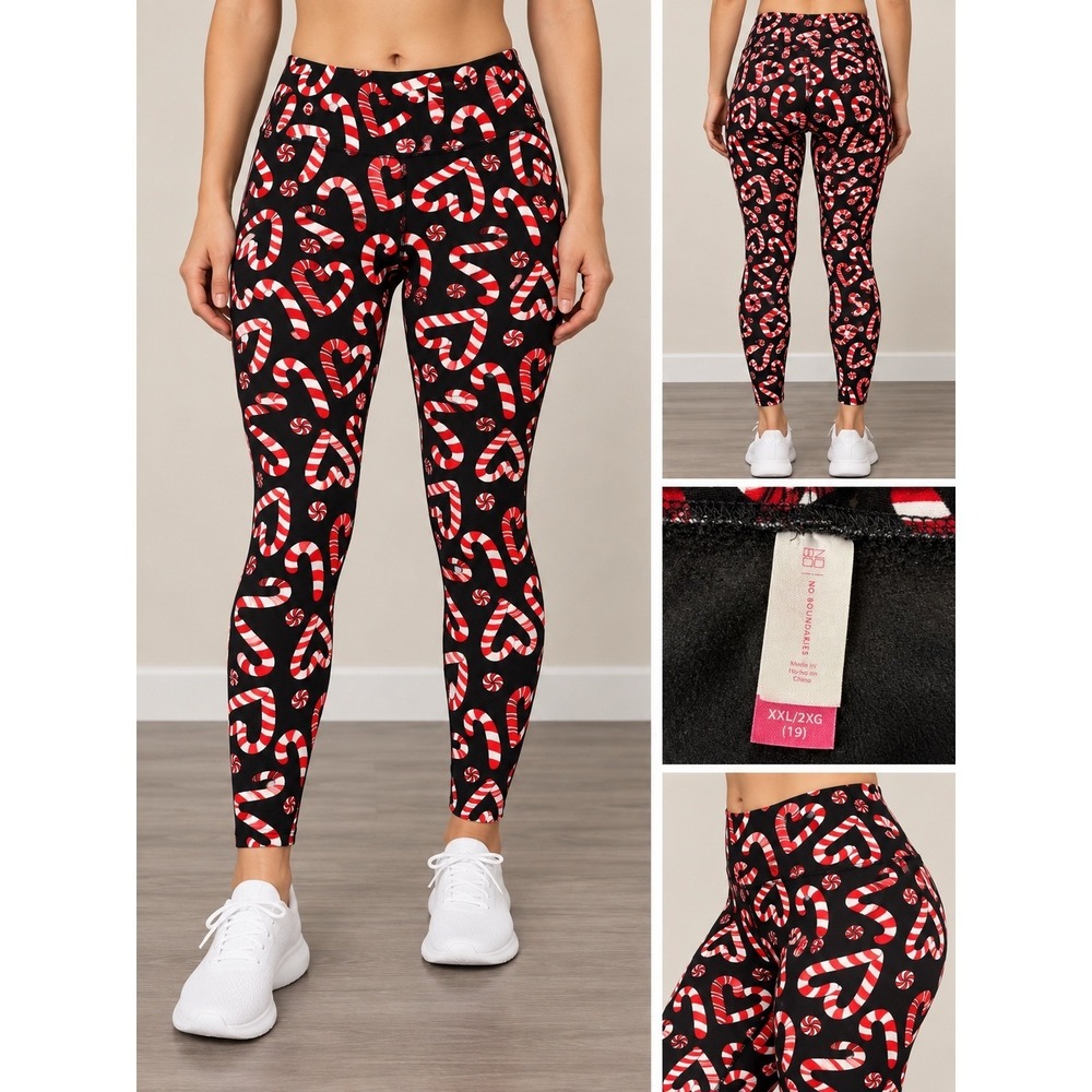 No Boundaries Leggings Womens XXL Black Red Excellent Sporty Romantic Candy Cane